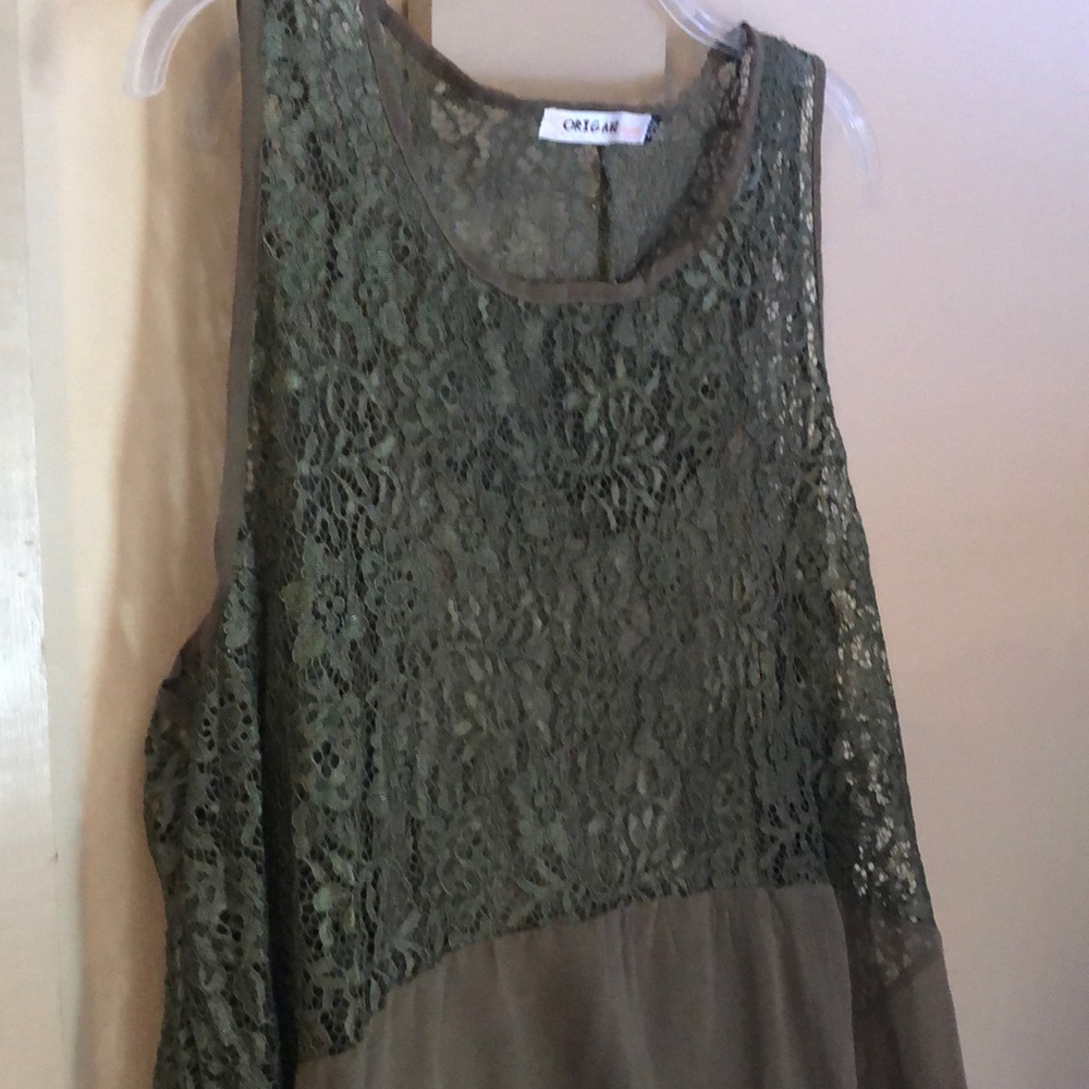 Olive Lace Top; Lace Overlay and Ruffle Undertank - Picture 2 of 7